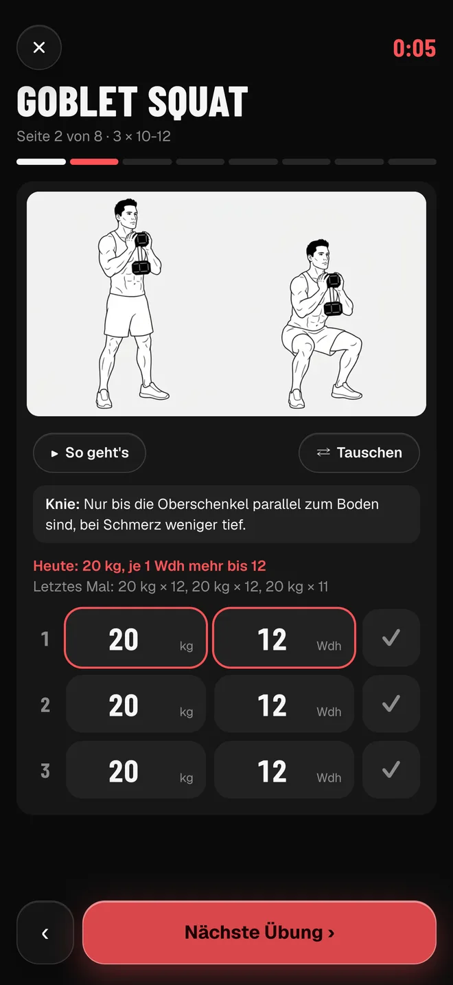 Exercise page for the goblet squat with today's target and three sets